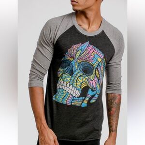Curbside Cranium Multicolor on Heather Black and Grey Triblend Raglan t shirt L